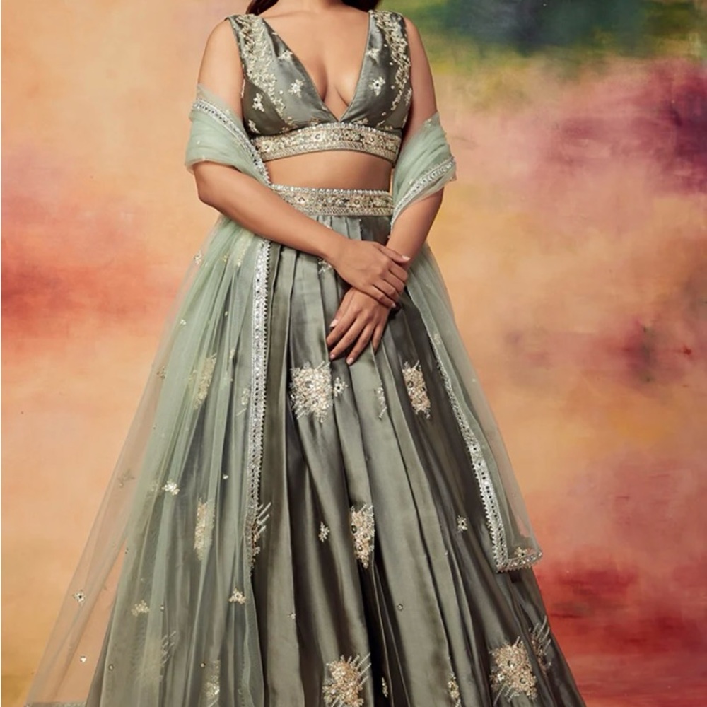 Elegant Dusty Olive Embroidered Satin Lehenga Set
